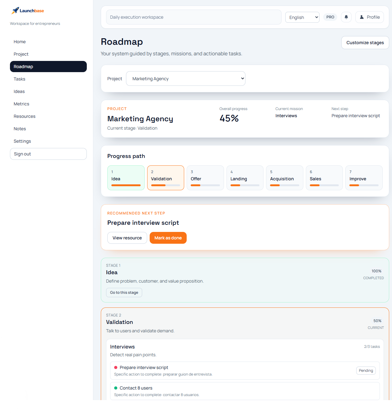 Launchbase roadmap with stages, recommended next step, and task execution